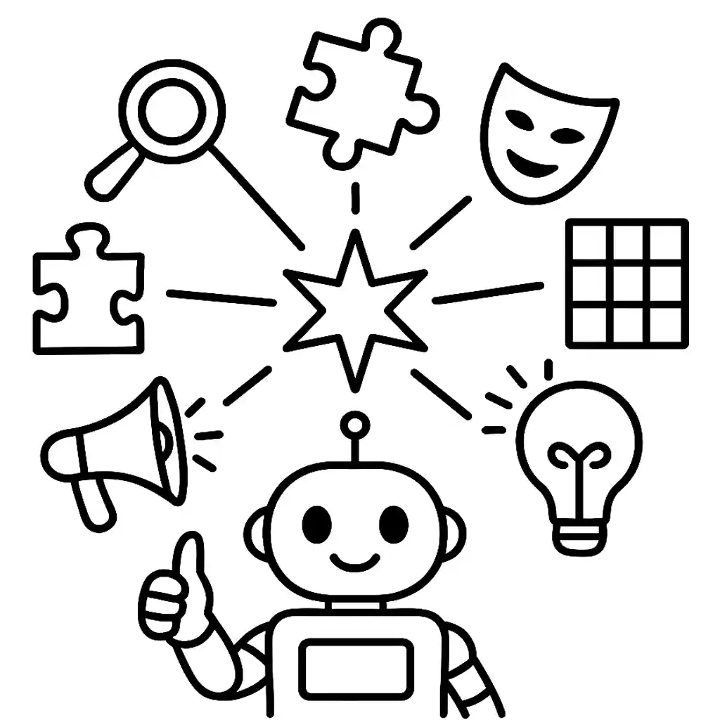 Smiling robot gives a thumbs-up as icons -magnifier, puzzle pieces, persona mask, table, megaphone, and lightbulb - radiate from a central star, symbolizing the seven prompt-writing rules.