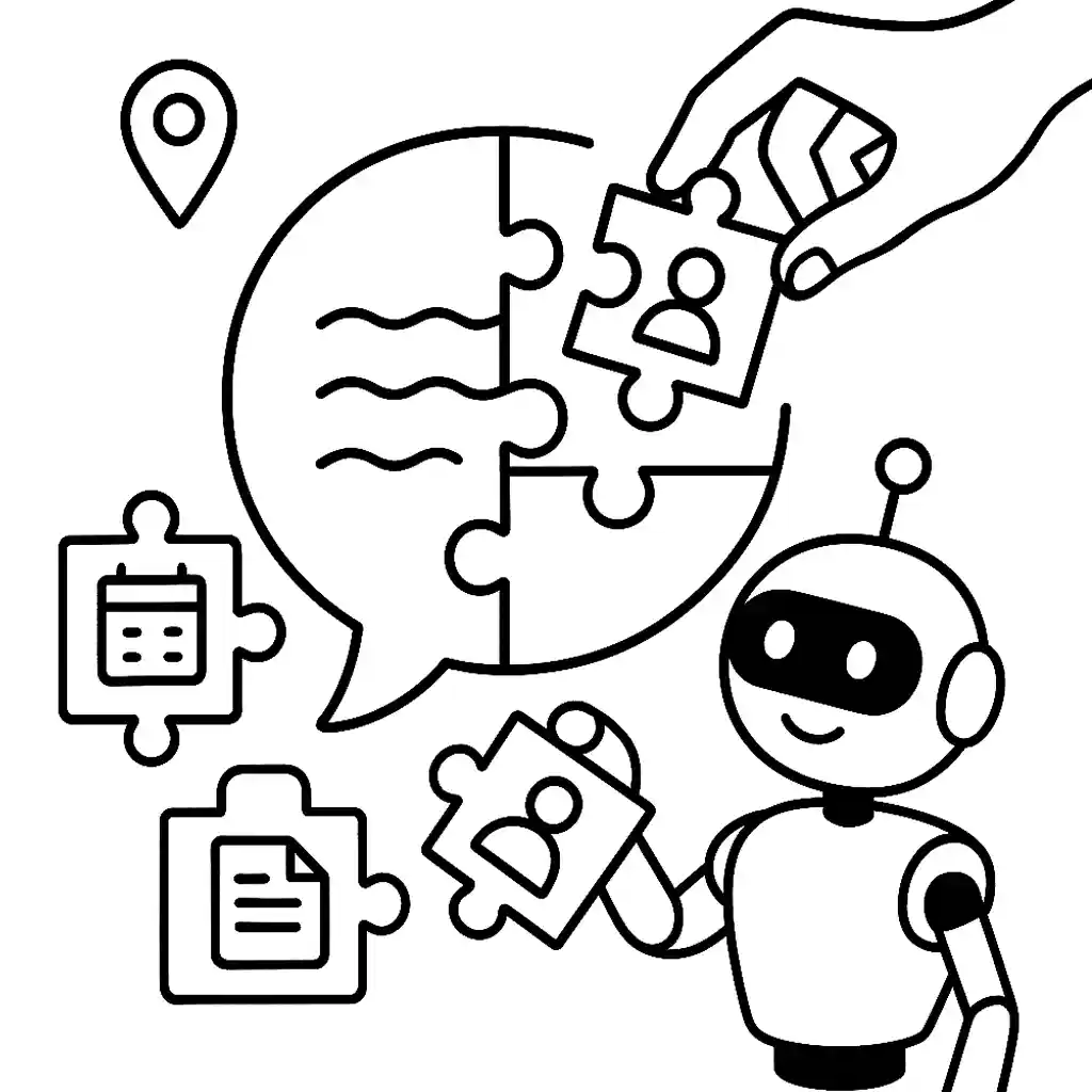 Cartoon robot assembling puzzle pieces—user, date, document, location—into a speech-bubble jigsaw to enrich a ChatGPT prompt with context.
