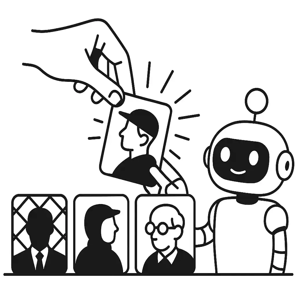 Cartoon robot smiling as a human hand selects one persona card among several character icons, symbolizing choosing the right ChatGPT persona.