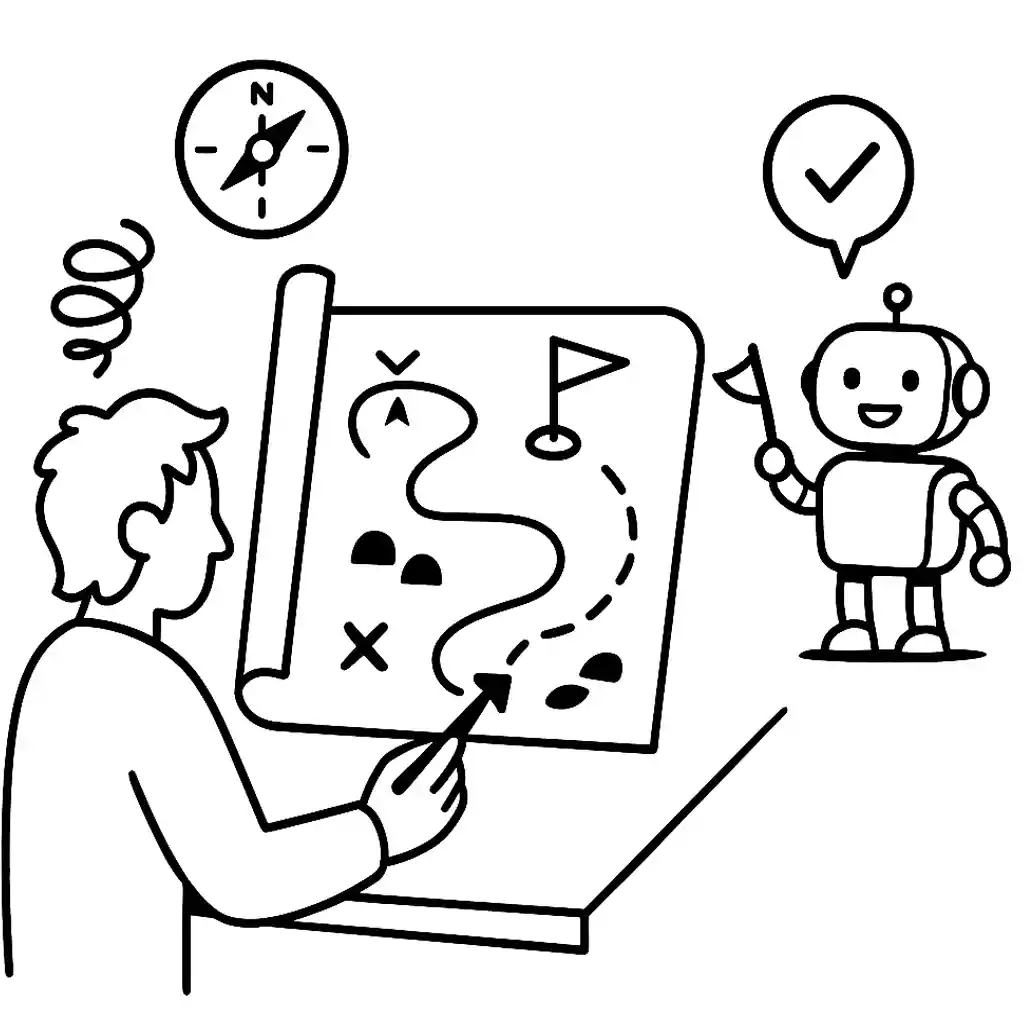 User mapping a clear route on a scroll while an AI robot with a check-mark flag signals task understood.