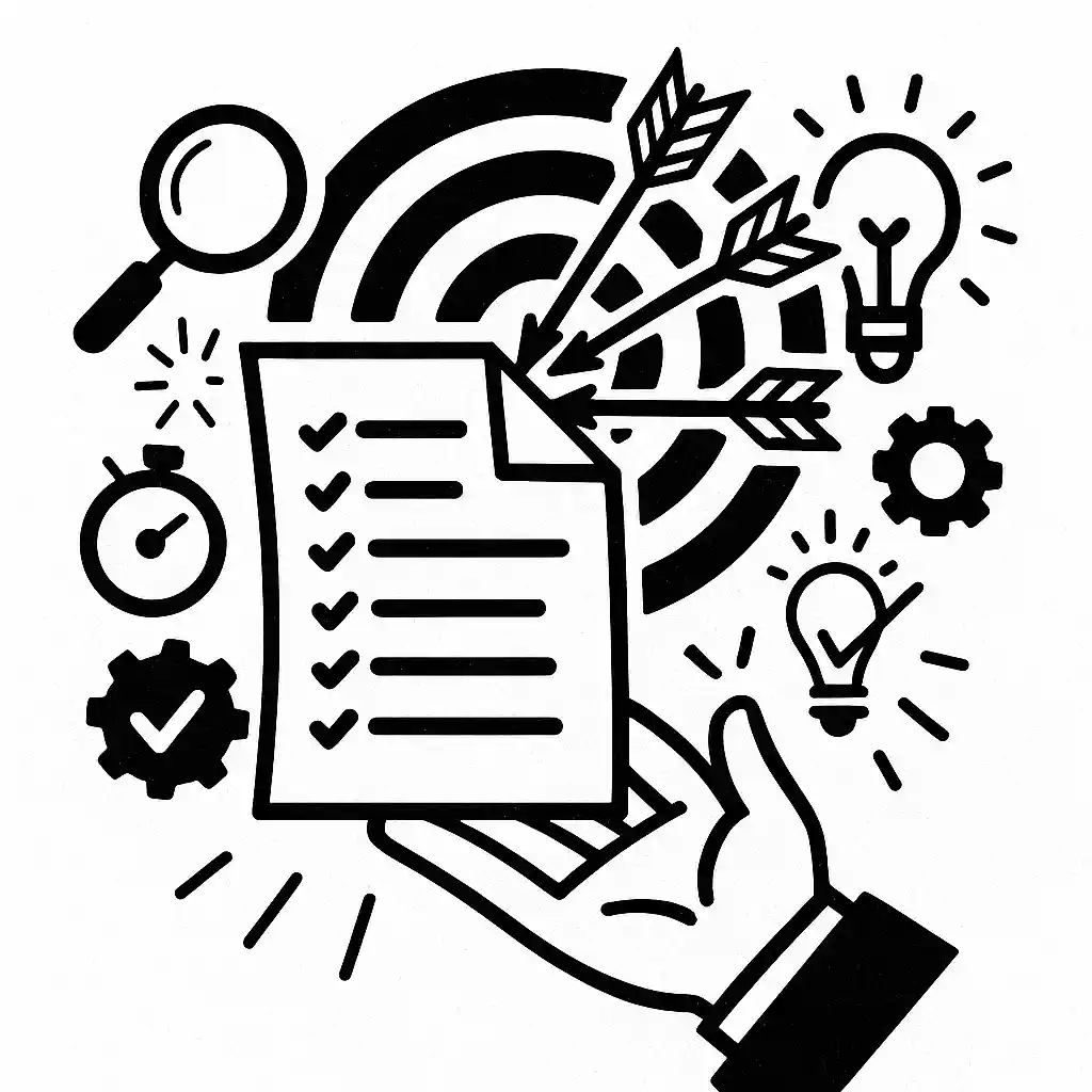 Hand presenting a goal-setting cheat sheet in front of a target with arrows, surrounded by icons for insight, timing, analysis, and workflow.