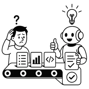 Confused user watches a conveyor of example cards—list, chart, code—while a smiling robot with a light-bulb idea gives a thumbs-up and holds a checked prompt.