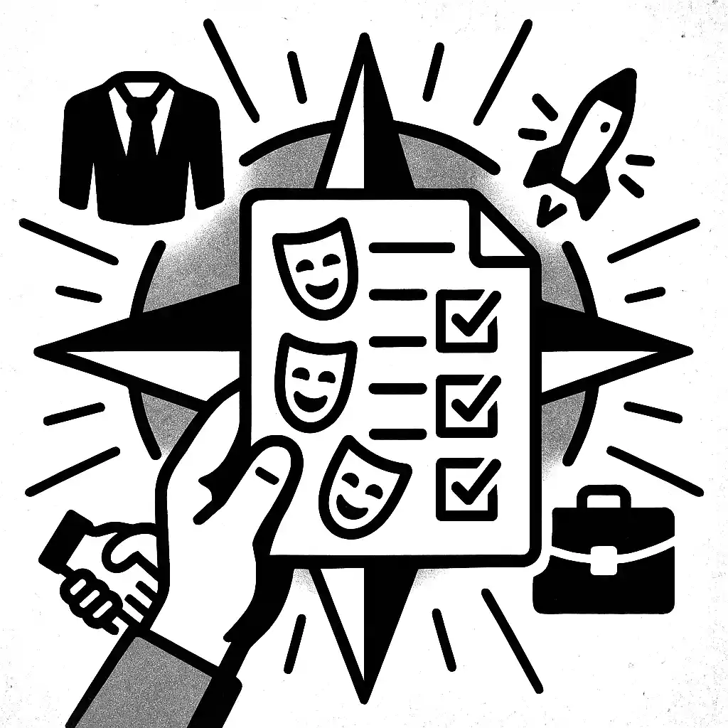 Hand holding a tone-setting cheat sheet with theatrical masks and checkmarks in front of a compass, surrounded by icons for business suit, handshake, rocket, and briefcase.
