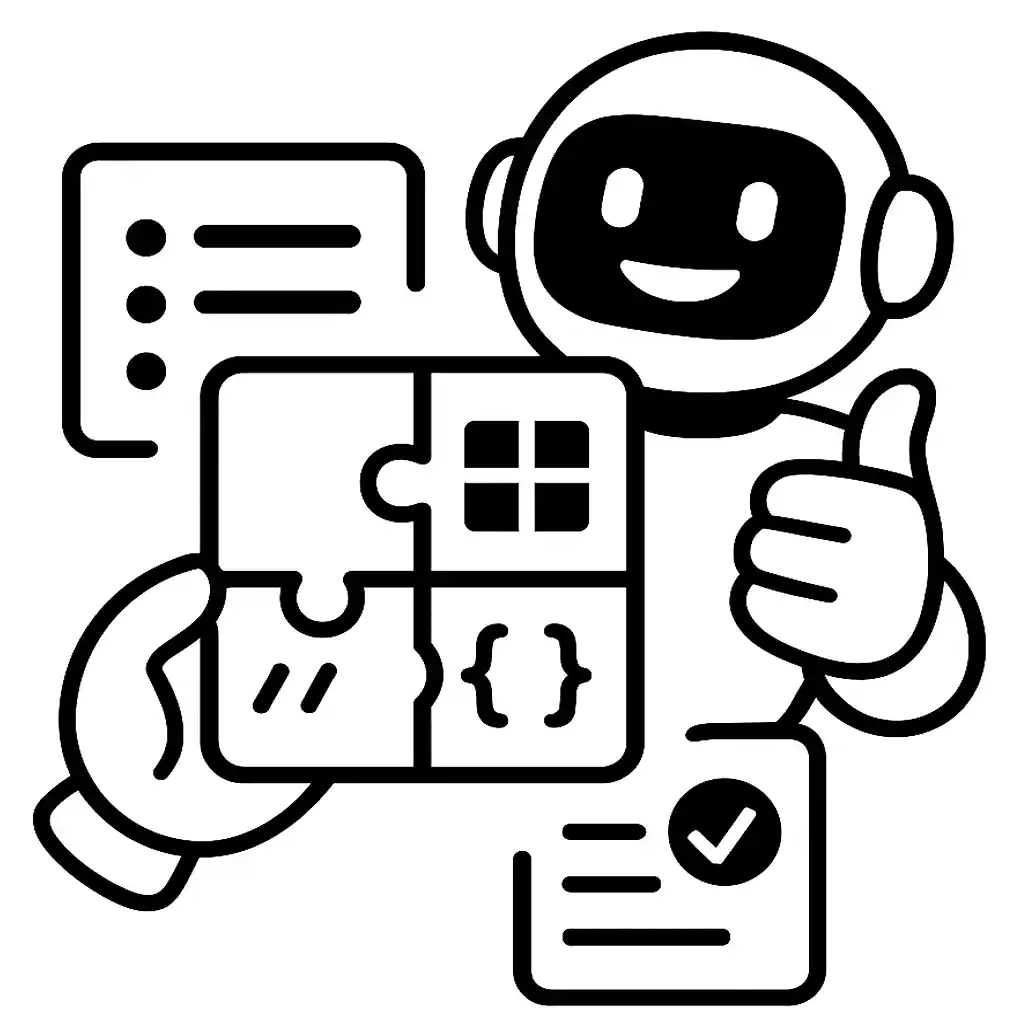 Smiling robot giving a thumbs-up while holding puzzle pieces labeled list, grid, code, and braces—symbolizing different ChatGPT response formats.