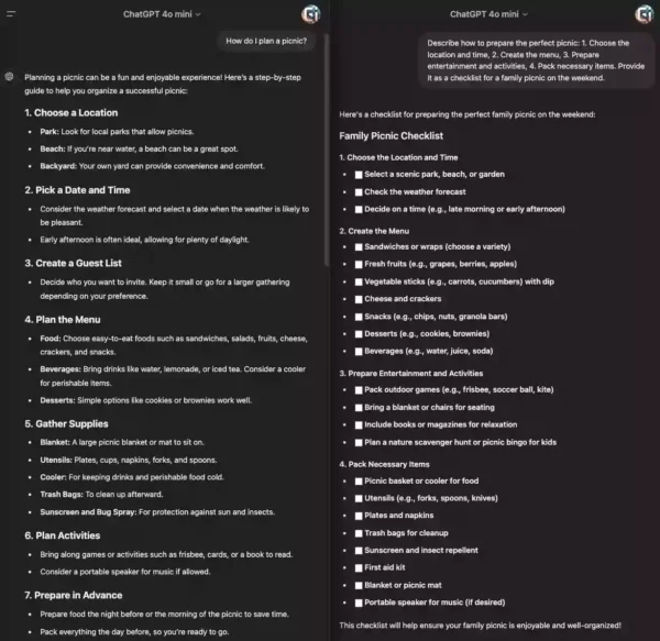AI-generated picnic planning prompt with application-based context for ChatGPT.