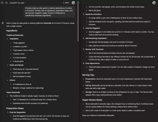 AI-generated step-by-step ratatouille recipe and vegan version created by ChatGPT.