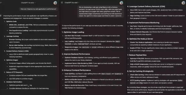 Before and after using detailed descriptions in ChatGPT prompts for web application performance improvement.