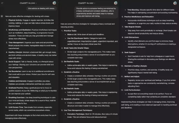 AI ChatGPT responses using empathy mapping to address user stress and anxiety.