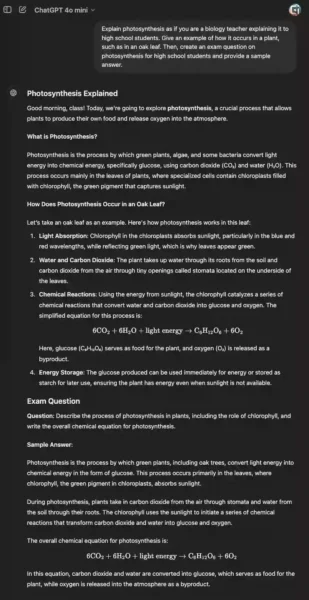 AI-generated biology exam preparation with a ChatGPT example on photosynthesis.