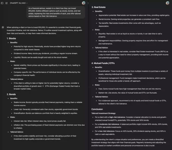 AI ChatGPT prompt comparison with a financial advisor persona offering personalized investment advice.