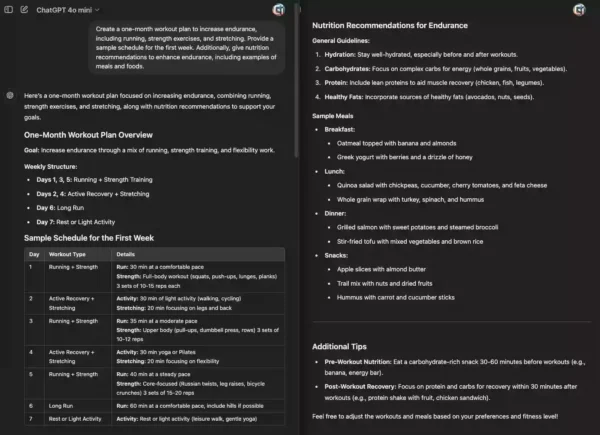 AI-generated workout plan and nutrition advice for endurance, created by ChatGPT.