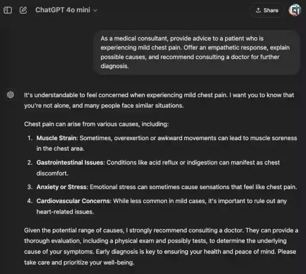 Comparison of AI ChatGPT responses before and after using a medical consultant persona to give patient advice.