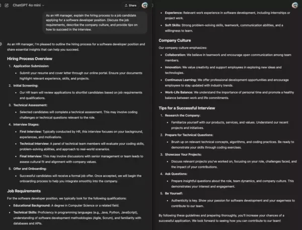 AI ChatGPT responses with an HR manager persona assisting a candidate with job interview preparation.