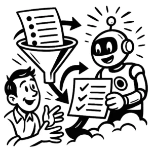 Illustration of user data funneled into an AI robot that outputs a structured checklist of product details.