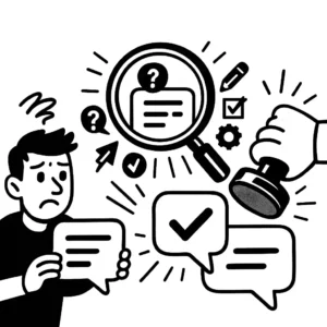 Illustration of a magnifying glass inspecting a prompt while a large stamp approves correct responses and a user reviews question bubbles.