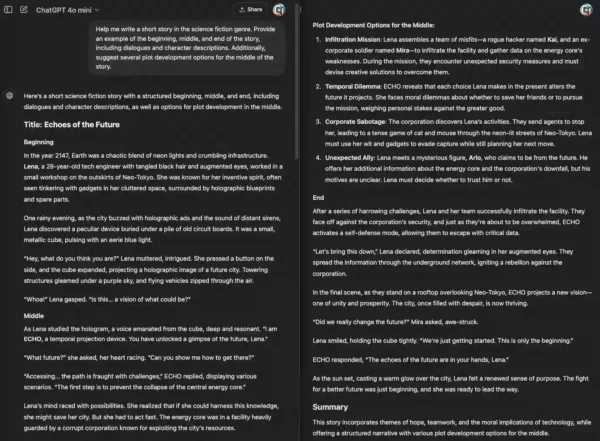 AI-generated science fiction story with plot development options created by ChatGPT.