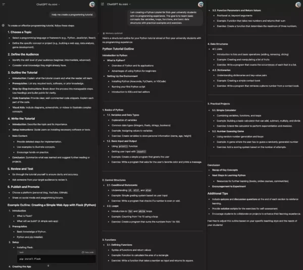 Before and after specifying target audience in ChatGPT prompts for programming tutorials.