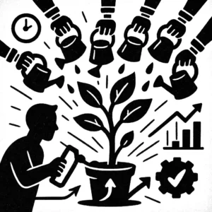 Multiple hands holding watering cans pouring water onto a potted plant while a user sprays it, symbolizing the Personalized AI Coach nurturing goals and productivity.