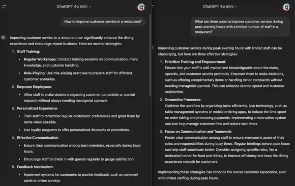 Interactive testing in AI-powered ChatGPT for restaurant service optimization.