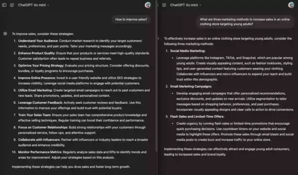 AI-generated prompt comparison for improving sales using prototyping in ChatGPT.