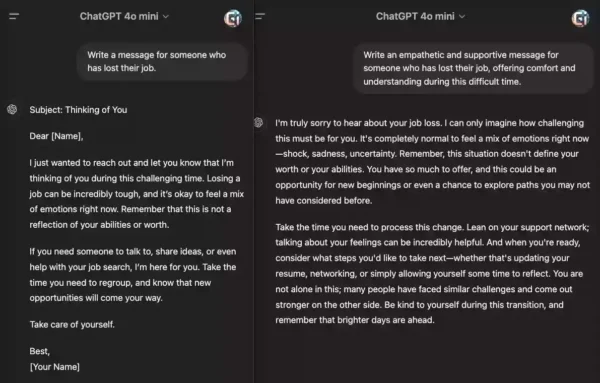 ChatGPT comparison of a before and after example using an empathetic tone for a support message.