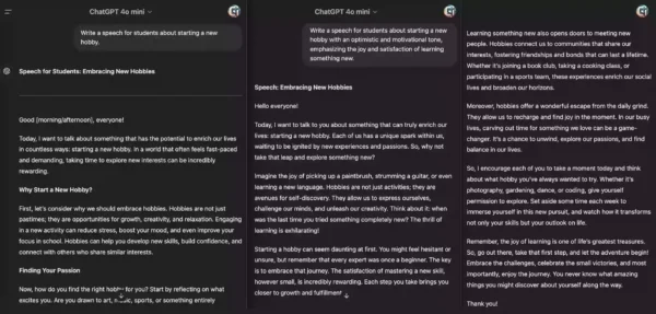 Before and after example of using a motivational tone in a ChatGPT prompt for students' speech.