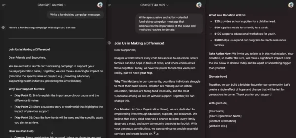 Before and after example of using a persuasive tone for a fundraising campaign in ChatGPT.