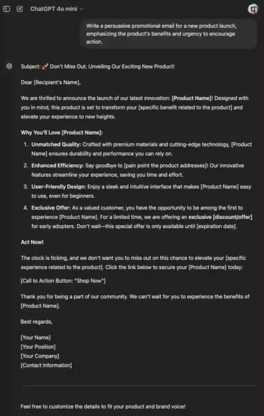 ChatGPT response using a persuasive tone to promote a new product in a marketing campaign.