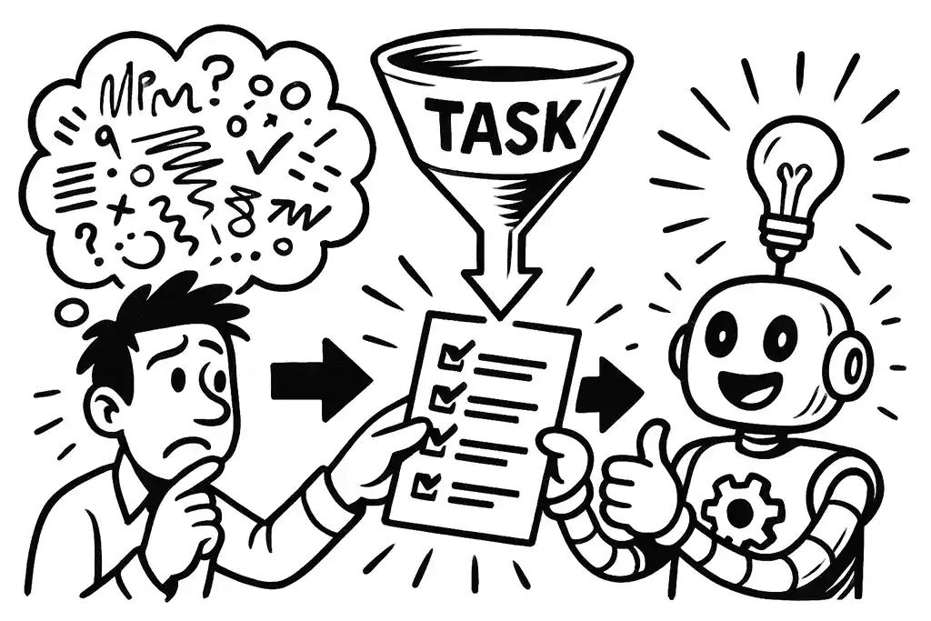 Confused thinker, task funnel, checklist delivered by smiling robot