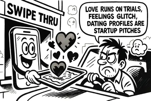 Black-and-white cartoon of a smartphone as a drive-thru cashier labeled “SWIPE THRU” serving pixelated hearts to a frustrated driver