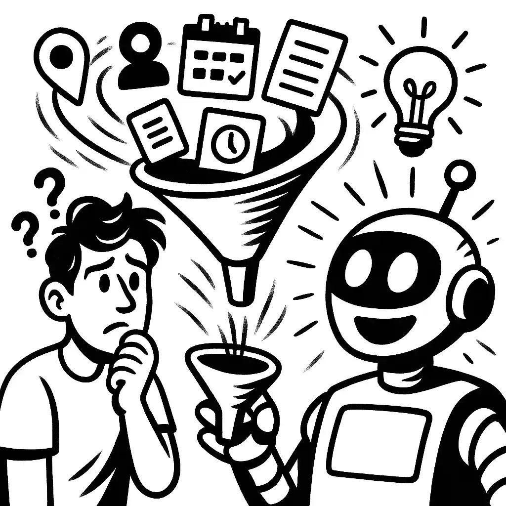 Robot holds mini funnel; main funnel swirls location, calendar, notes