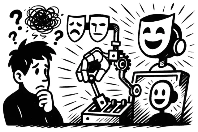 Robot swaps comedy/tragedy masks while user ponders persona choice