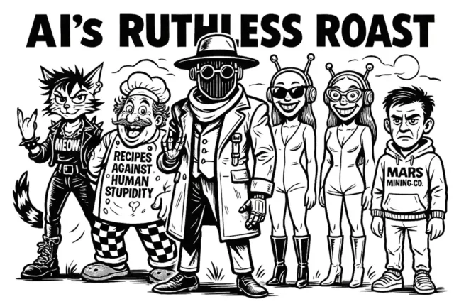 Five rogue AIs from Comic Roast Show standing together in bold black-and-white cartoon style