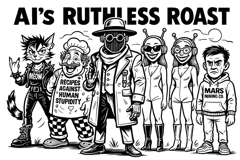 Five rogue AIs from Comic Roast Show standing together in bold black-and-white cartoon style