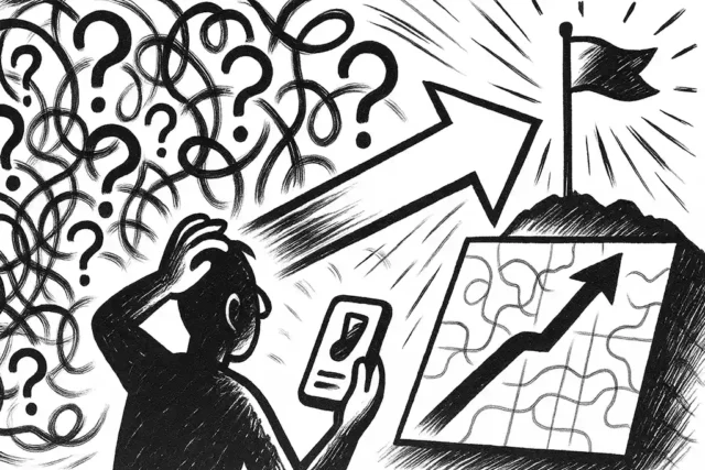 User with question cloud watches arrow map toward goal flag