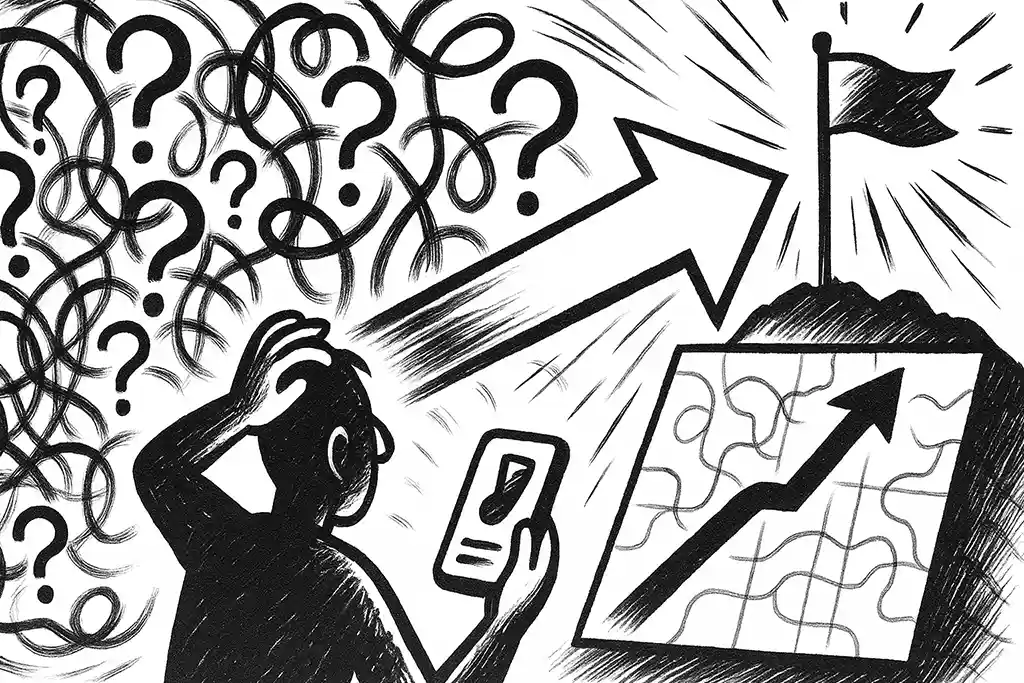 User with question cloud watches arrow map toward goal flag