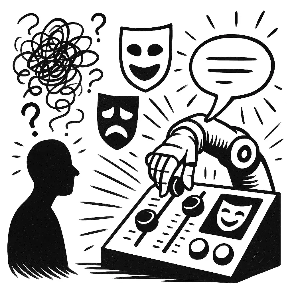 Robot adjusts tone sliders while masks hover - user silhouette confused