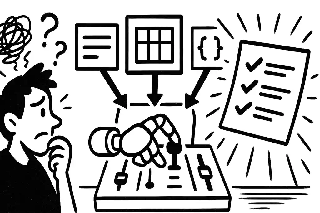 Robot mixer board selects list, table, JSON—outputs checked doc