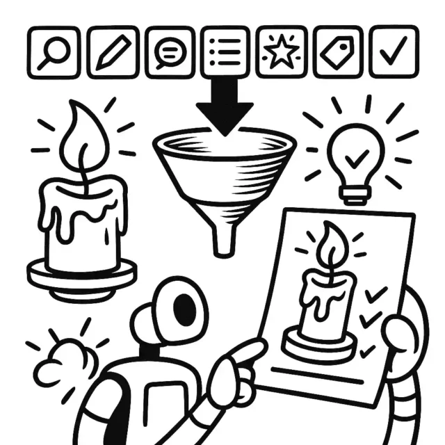 Robot turns candle concept into approved product sheet - steps icons above