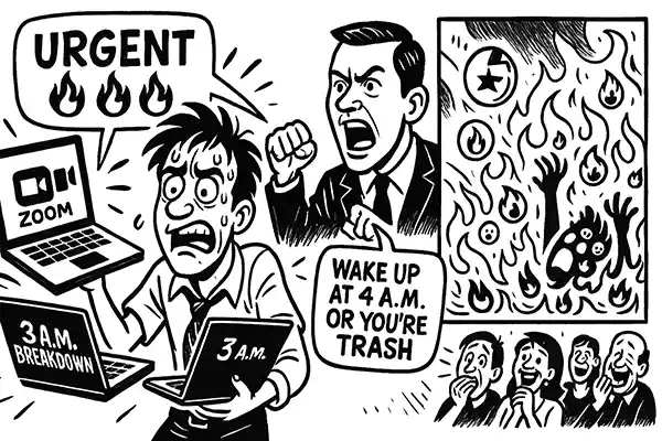 Comic Roast Show satire of hustle culture with 3AM breakdowns, urgent Zoom calls, and burnout flames