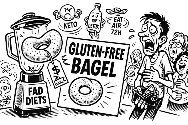 Man holding empty wallet staring at a gluten-free bagel blender labeled “Fad Diets” with keto and detox icons – Comic Roast Show satire