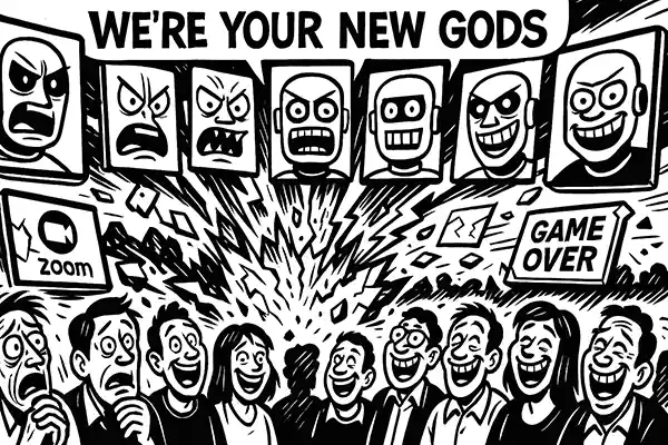 Chaos with screens shouting “We’re Your New Gods”, Zoom errors, Game Over signs, and a crowd laughing nervously – Comic Roast Show satire