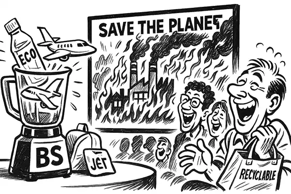Comic Roast Show cartoon parody of eco branding and private jets with “Save the Planet” irony