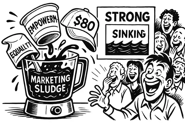 Comic Roast Show satire of empowerment slogans and $80 equality hats dumped into marketing sludge