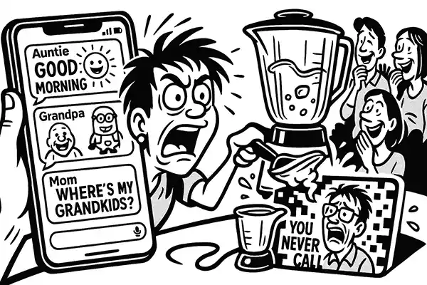 AI’s Ruthless Roast cartoon satire of family group chats, parental pressure, and meme overload