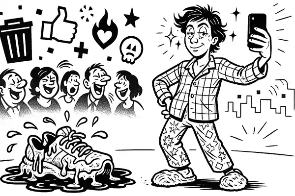 Person in pajamas snapping a selfie while melting NFT sneakers symbolize failed fashion trends – AI’s Ruthless Roast Comic Roast Show