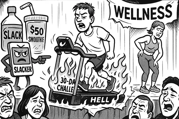 Cartoon man on treadmill labeled “30-Day Challenge Hell” with angry fitness trackers, overpriced smoothies, and exhausted crowd laughing – AI’s Ruthless Roast Comic Roast Show