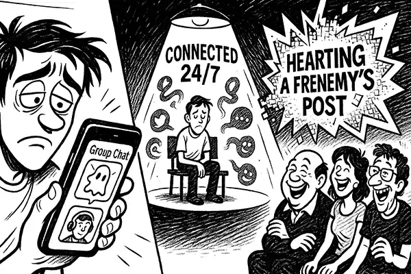 AI’s Ruthless Roast cartoon satire of digital isolation and empty group chats in a connected world