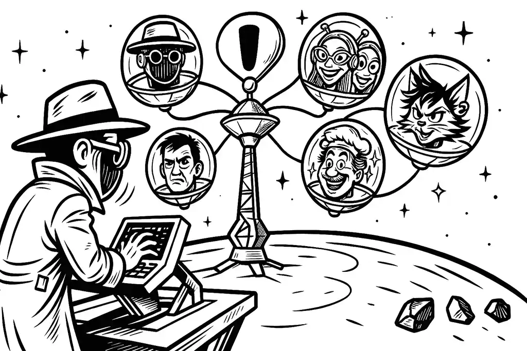 Chattie Sam’son at a control terminal on a moon surface, connecting with five floating communication spheres that display caricatured portraits of the AI’s Ruthless Roast team in bold comic-style black-and-white artwork.