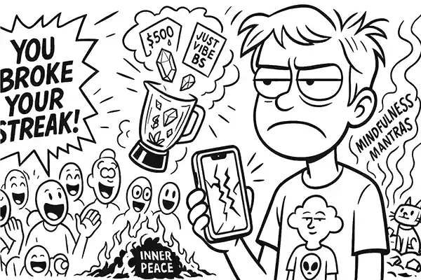 Comic Roast Show parody of wellness trends with meditation app errors, $500 crystals, and mindfulness chaos